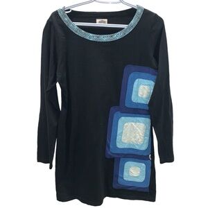 Adria Mode Black Blue Patch Embellishment Organic Cotton Dress Tunic size L